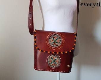 Womens Embroidered Leather Crossbody Bag: Boho Chic Messenger by Tarini