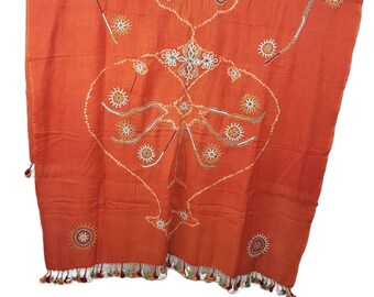Hand Embroidered Wool Shawl: Earthen Orange Kutch Style Wrap