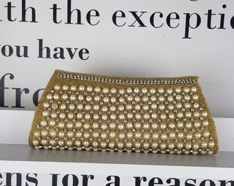 Hand Beaded Pearl Bridal Clutch: Gold Evening Minadiere