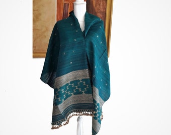 Handwoven Tussar Silk Wool Stole: Teal Green Indian Shoulder Wrap
