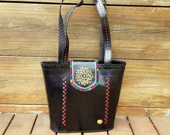 Womens Boho Leather bag, bespoke black shoulder bag, Bohemian Boho shoulder bag , embroidered tooled leather Tote by Tarini