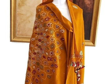 Hand Embroidered Kutch Wool Shawl: Indian Shoulder Wrap, Sofa Throw