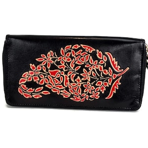 womens wallet, Minimalist wallet for women real leather, hand painted sea green, red and Blue  Paisley Zip around iPhone clutch by Tarini