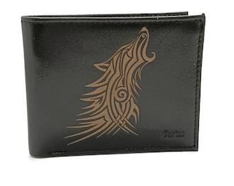 Mens Leather Wolf Wallet: Etched Tattoo Art, RFID Blocking
