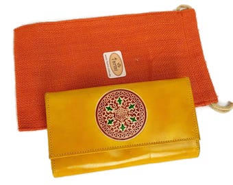 Hand-Painted Leather Wallet: Yellow Mandala Design, Boho Style Christmas gift for women