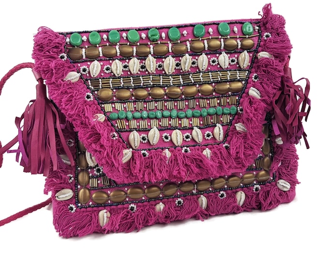 Featured listing image: Womens Pink Boho Clutch: Embroidered festival bohemian fuchsia Crossbody with Shells beads lapis lazuli
