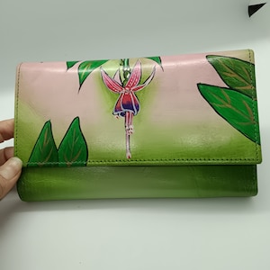 Women's wallets, Handmade genuine Leather Wallets ,hand painted floral green wallets, wallet Tarini Bestseller