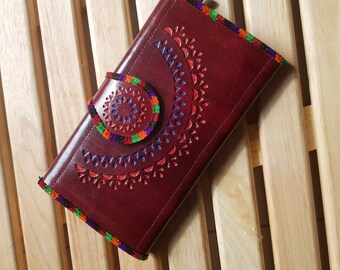 Hand Tooled Leather Wallet Wristlet: Large Spacious Clutch