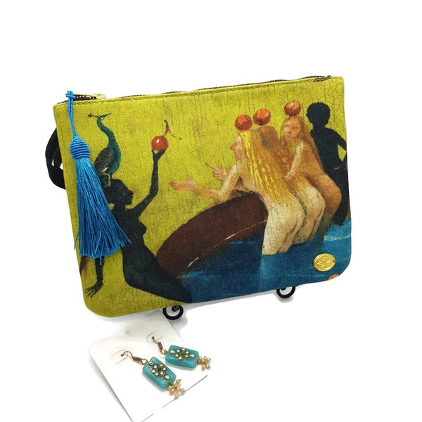 Womens wristlet & earrings set , The Garden of Earthly Delights Hieronymus Bosch, carry all pouch ,Christmas gift for women by Tarini Bags