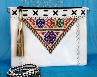 Women's Leather Crossbody Clutch: Beaded Aztec Design, Tasseled Sling , Handmade Boho evening bag