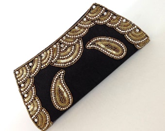 Black Silk Sequin Clutch: Hand-Beaded Evening Bag
