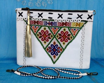 Womens beaded clutch , Real Leather Mexican clutch, one of a kind white leather crossbody women, Boho golden tassel envelope clutch