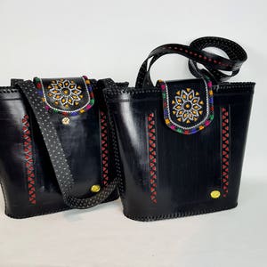 Womens Boho Leather bag, bespoke black shoulder bag, Bohemian Boho shoulder bag , embroidered tooled leather Tote by Tarini