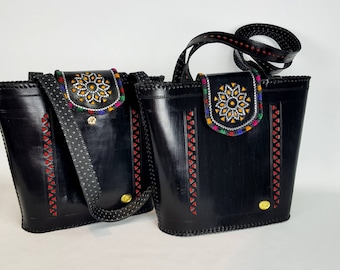 Womens Boho Embroidered Leather Shoulder Bag : Black Tooled Tote