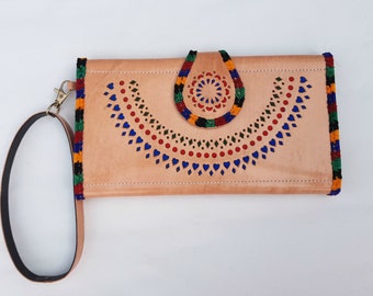 Hand Tooled Leather Wallet: Large Boho Wristlet Clutch