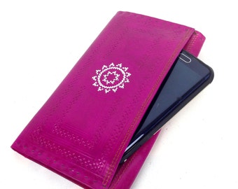 Handmade Fuchsia Leather Clutch Wallet: Embroidered iPhone Wallet