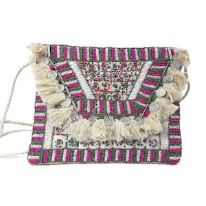 Women's Boho clutch, beaded clutch cream,  womens boho crossbody with leather rope , fashion envelope clutch, Boho tasseled clutch
