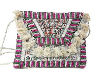 Beaded Boho Clutch: Women's Crossbody Bag with Leather Rope