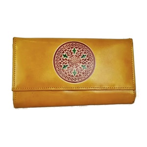 Handmade Leather Mandala Wallets , Real leather womens wallet , Turmeric Yellow hand painted wallets Mandala, Boho wallet Tarini Bestseller