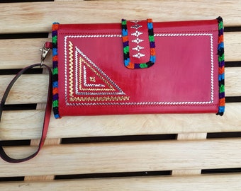 womens leather wallet , womens wristlet , large tooled Leather Spacious credit card wristlet, gifts for her, red leather wallet with handle