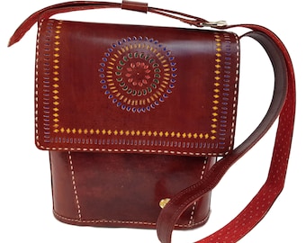 Womens Hand Tooled Leather Messenger Bag: Brown Sheepskin Shoulder Bag