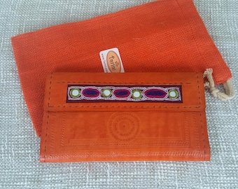 Handmade Orange Leather Wallet: Embroidered Bifold with Coin Pocket
