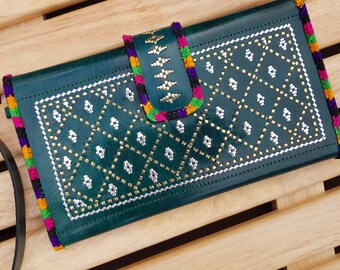 Womens Hand Tooled Leather Wristlet Wallet: Embroidered Green Boho Clutch Bag