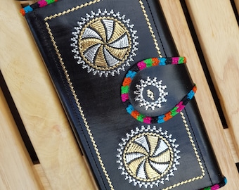 Hand Tooled Leather Wallet: Gothic Black Wristlet Clutch