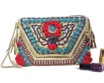 Boho clutch women, Indian Banjara clutch for women, gypsy envelope clutch leather and Cotton, Women's Boho clutch by Tarini