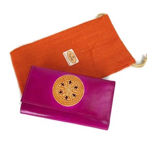 Carteras de mujer de cuero auténtico, cartera Boho Mandala Tarini Bestseller Carteras para tarjetas de crédito Mandala naranja, amarilla y fucsia hechas a mano