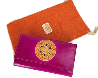 Handmade Leather Mandala Wallet: Fuchsia Boho Credit Card Clutch