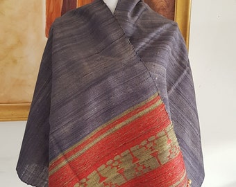 Handwoven Tussar Silk-Wool Stole: Deep Green Indian Shawl Wrap