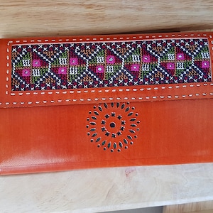 Womens Boho wallets,  genuine leather wristlet orange, credit card purse, Tooled embroidered Boho wallet, gifts for her from Tarini