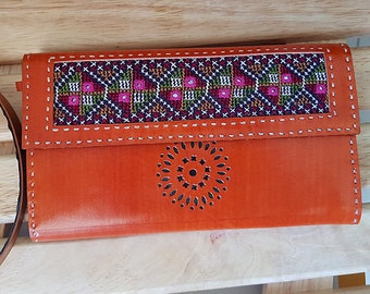 Embroidered Boho Leather Wristlet Wallet - Orange Tooled Purse