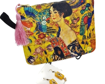 Klimt 'Lady With Fan' Clutch & Earrings Set: Handmade Tasseled Wristlet