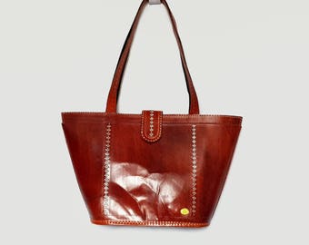 Hand Embroidered Leather Tote Bag for Women: Geometric Silver Gold pattern handcrafted by Tarini