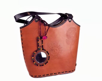 Tooled Leather Tote Bag: Boho Hard Case Purse with Mirror Tassel