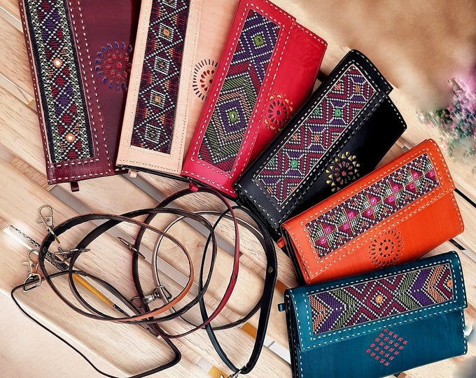 Featured listing image: Womens Handmade Leather Wristlet Wallet: Tooled Embroidered Boho iPhone Holder