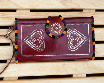 Tooled Leather Wristlet Wallet: Embroidered Hearts, Large Clutch Bag