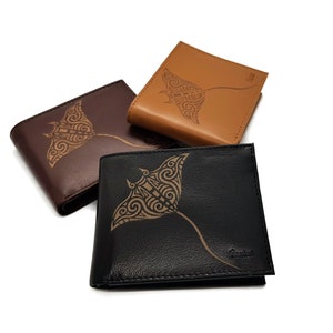 Cartera de cuero genuino para hombres, billetera de hombre stingray Tattoo art, billetera RFID negro marrón beige para hombre, regalo del día del padre Tarini