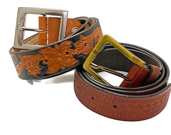 Hand Tooled Leather Belt: Brown Biker Belt, Wide Buckle