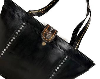 Black Leather Tote for Women : Hand Embroidered Silver Gold Thread, XL Handbag