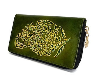 Womens Leather wallet, credit card clutch green Paisley, Monedero de mujer, hand painted Zip around iPhone wallet, Boho wallet