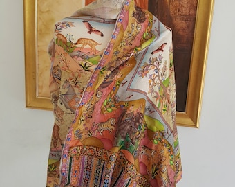 Silk Cotton Scarf: Cream Beige Wearable Art Stole, Hunting Scene Drape