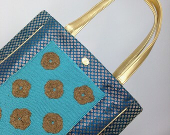 Handmade Beaded Boho Tote Bag: Aqua Blue Brocade Shoulder Bag