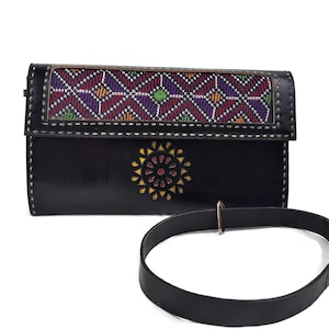 Portefeuilles pour femmes, bracelet en cuir véritable noir, carte de crédit, portefeuille bohème brodé pour iPhone, cadeaux de Noël de qualité pour elle