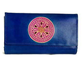 Hand Painted Leather Wallet: Blue Mandala Clutch, Boho Credit Card Holder