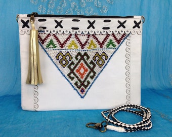 Women Leather Crossbody Clutch: Beaded Aztec Boho Bag with Tassel by Tarini