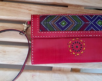 Red Leather Wristlet Wallet: Embroidered Boho iPhone Purse