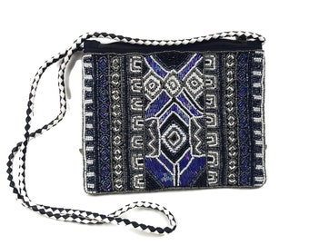 Beaded Party Clutch: Black Evening Bag with Leather Rope Handle